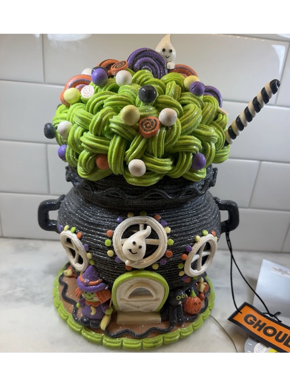 Halloween Witch Cauldron House Faux Cake by Candy Corn Lane 11" Tall - LED Light